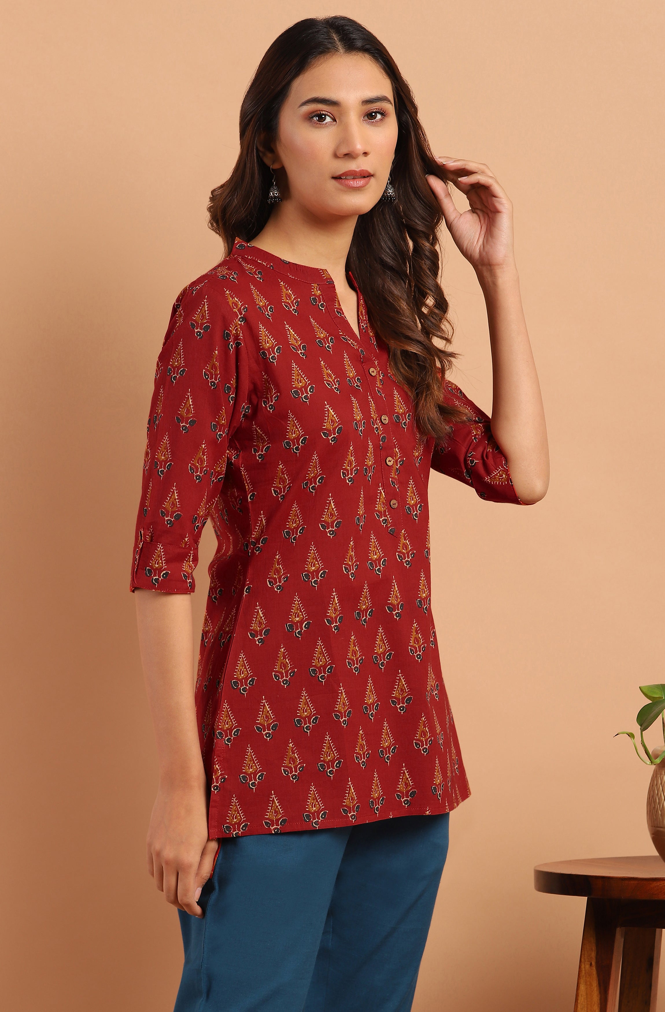 Janasya Women's Red Cotton Ethnic Motifs Straight Tunic - Distacart