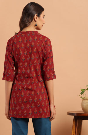 Janasya Women's Red Cotton Ethnic Motifs Straight Tunic - Distacart