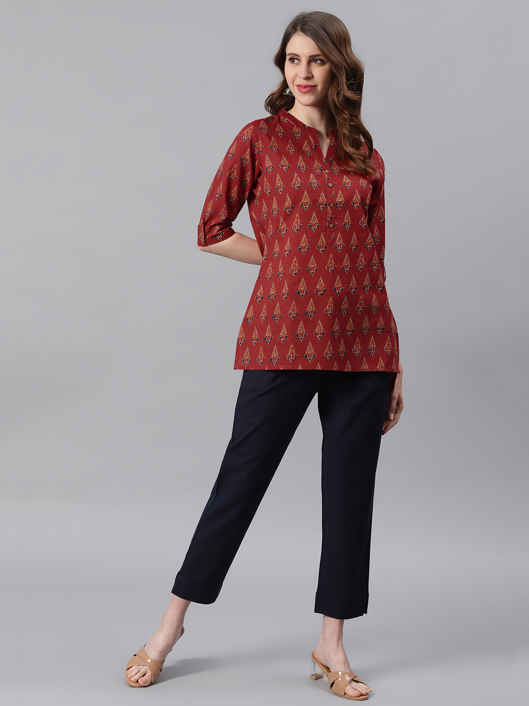 Janasya Women's Red Cotton Ethnic Motifs Straight Tunic - Distacart