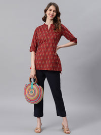 Thumbnail for Janasya Women's Red Cotton Ethnic Motifs Straight Tunic - Distacart