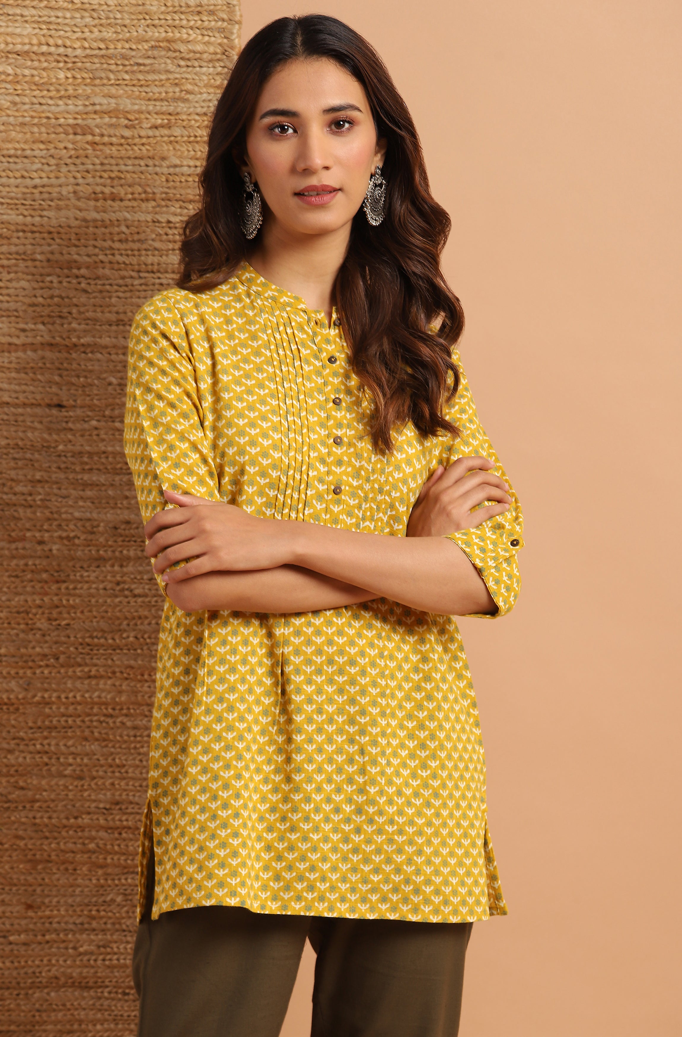 Janasya Women's Mustard Cotton Slub Floral Print Straight Tunic - Distacart