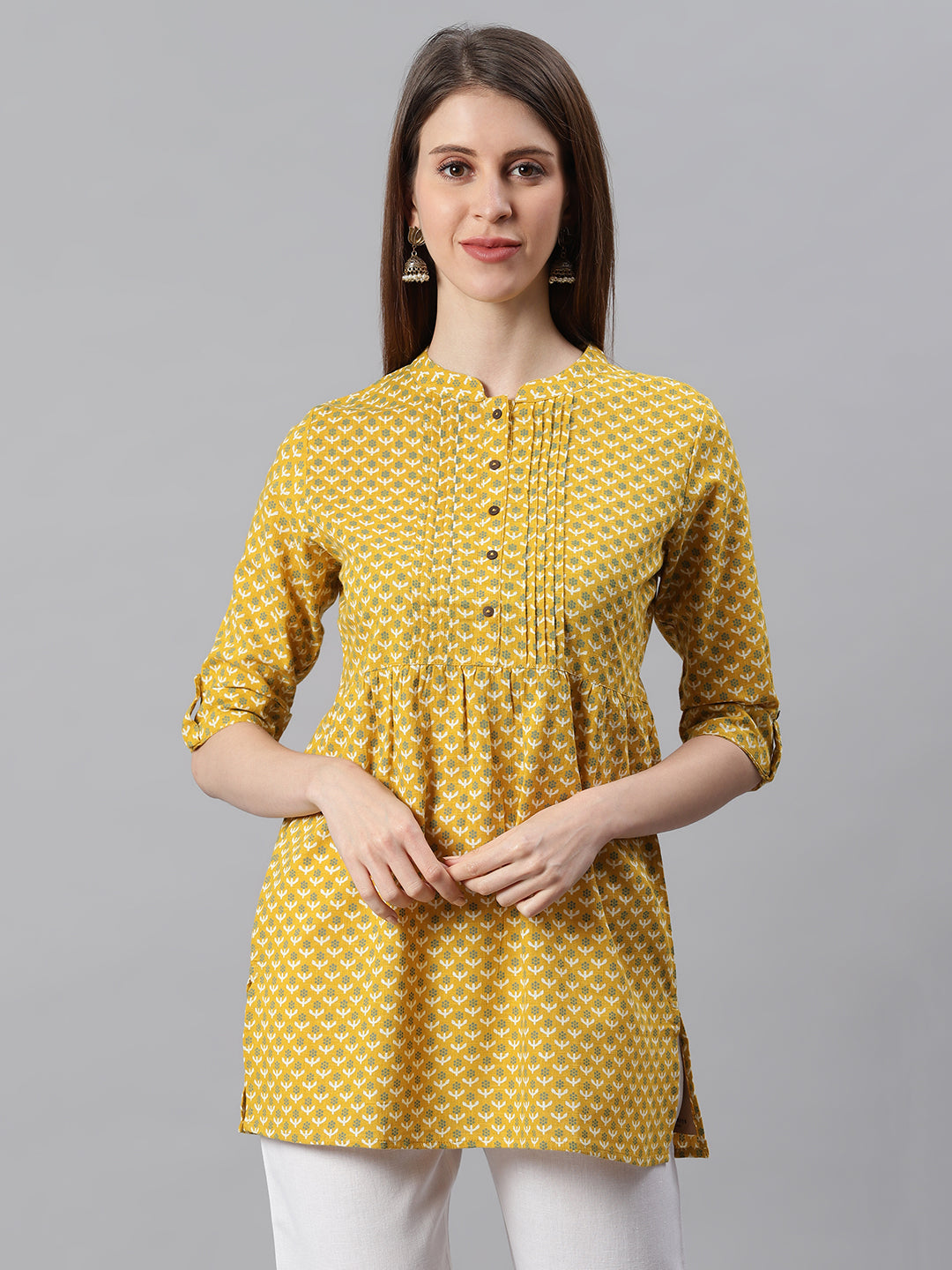 Janasya Women's Mustard Cotton Slub Floral Print Straight Tunic - Distacart