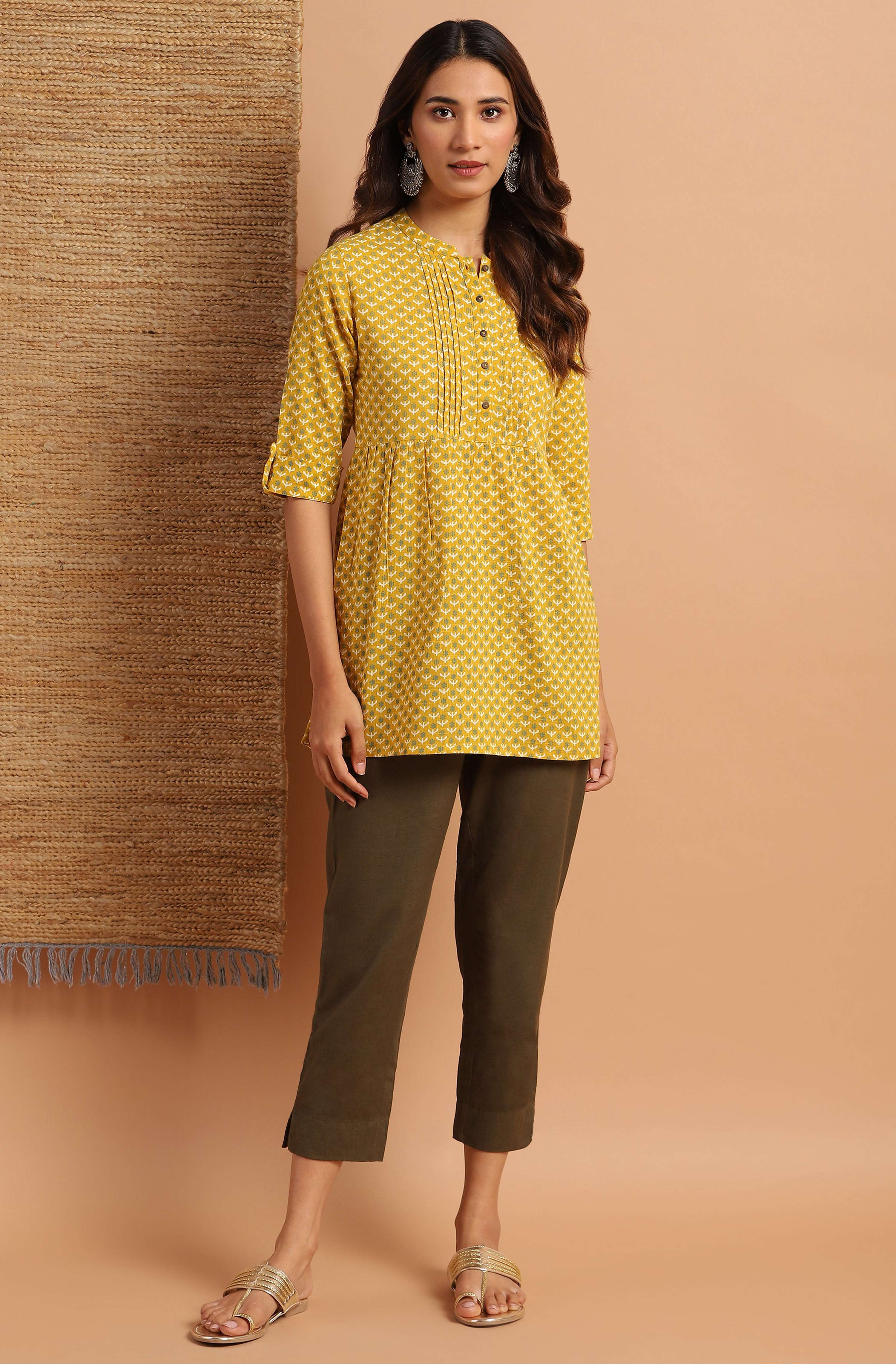 Janasya Women's Mustard Cotton Slub Floral Print Straight Tunic - Distacart