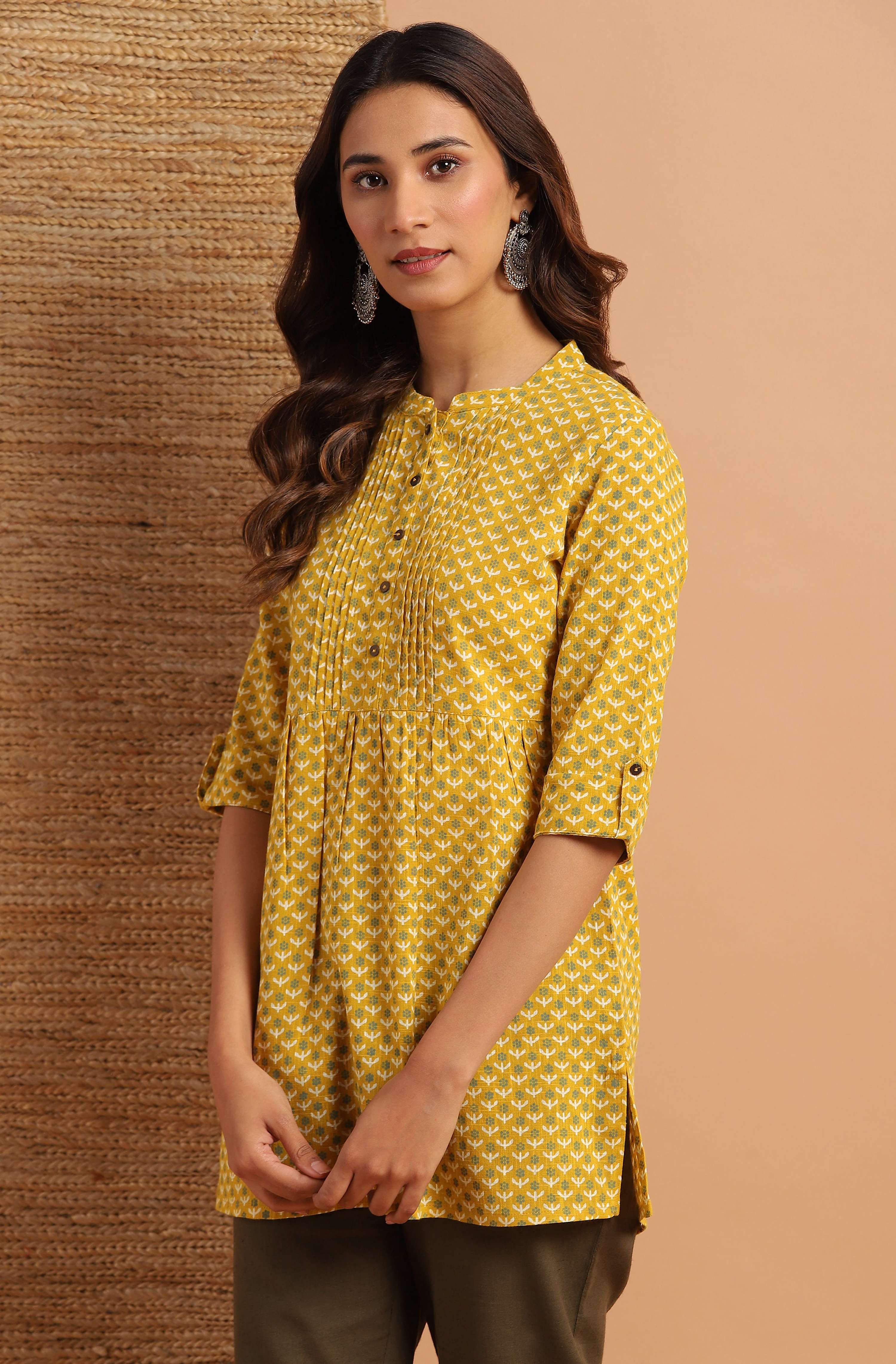 Janasya Women's Mustard Cotton Slub Floral Print Straight Tunic - Distacart