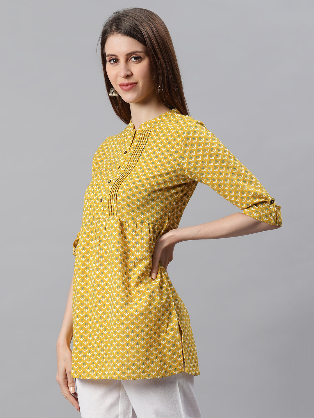 Janasya Women's Mustard Cotton Slub Floral Print Straight Tunic - Distacart