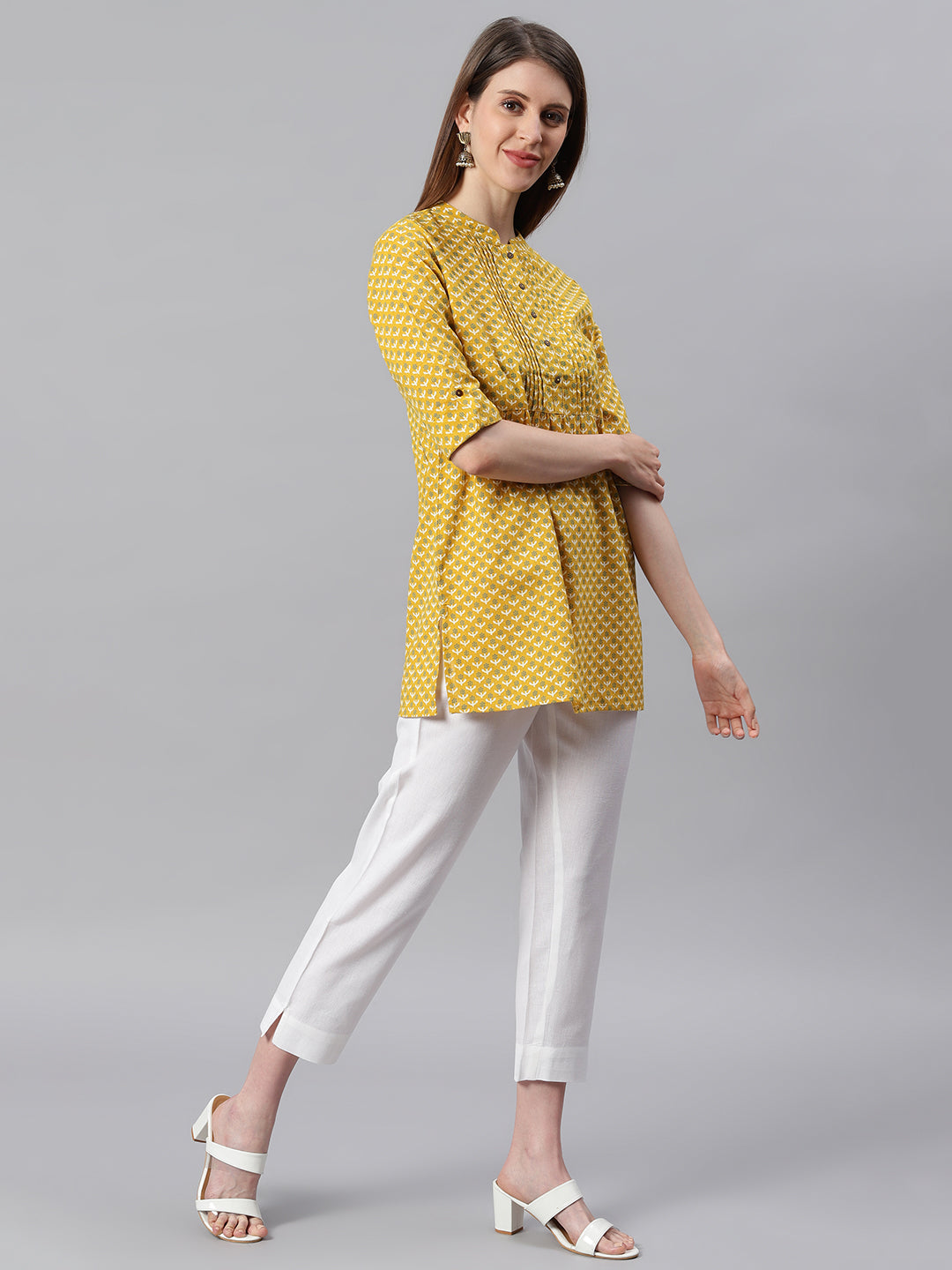 Janasya Women's Mustard Cotton Slub Floral Print Straight Tunic - Distacart