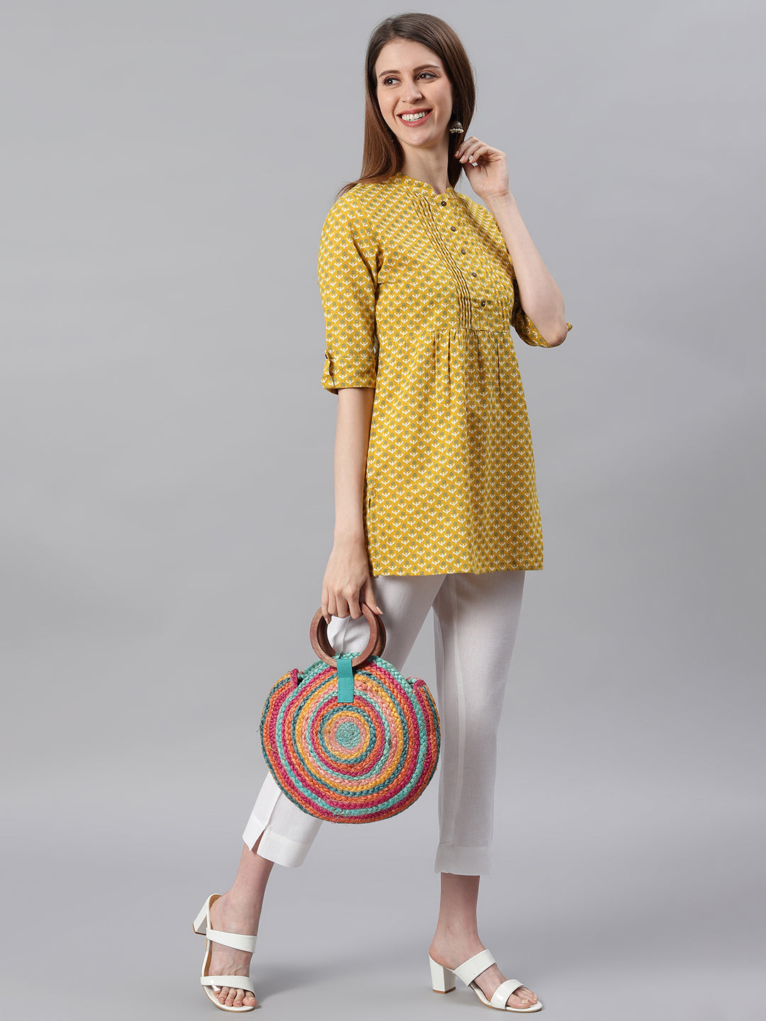 Janasya Women's Mustard Cotton Slub Floral Print Straight Tunic - Distacart