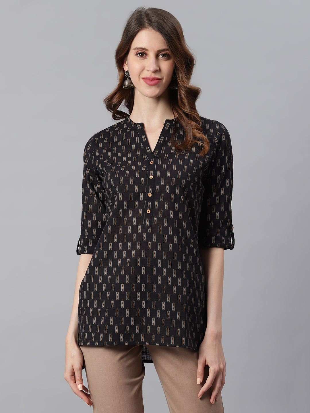 Janasya Women's Black Cotton Slub Geometric Print Straight Tunic - Distacart