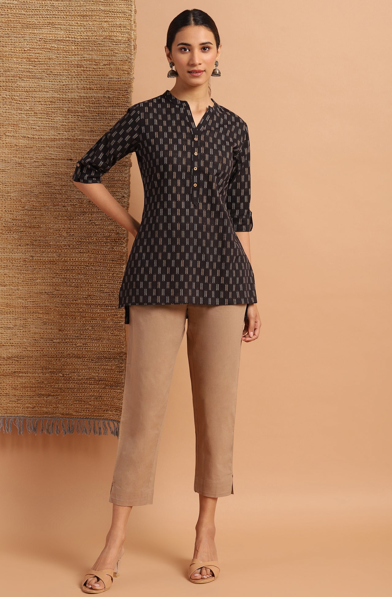 Janasya Women's Black Cotton Slub Geometric Print Straight Tunic - Distacart