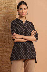 Thumbnail for Janasya Women's Black Cotton Slub Geometric Print Straight Tunic - Distacart