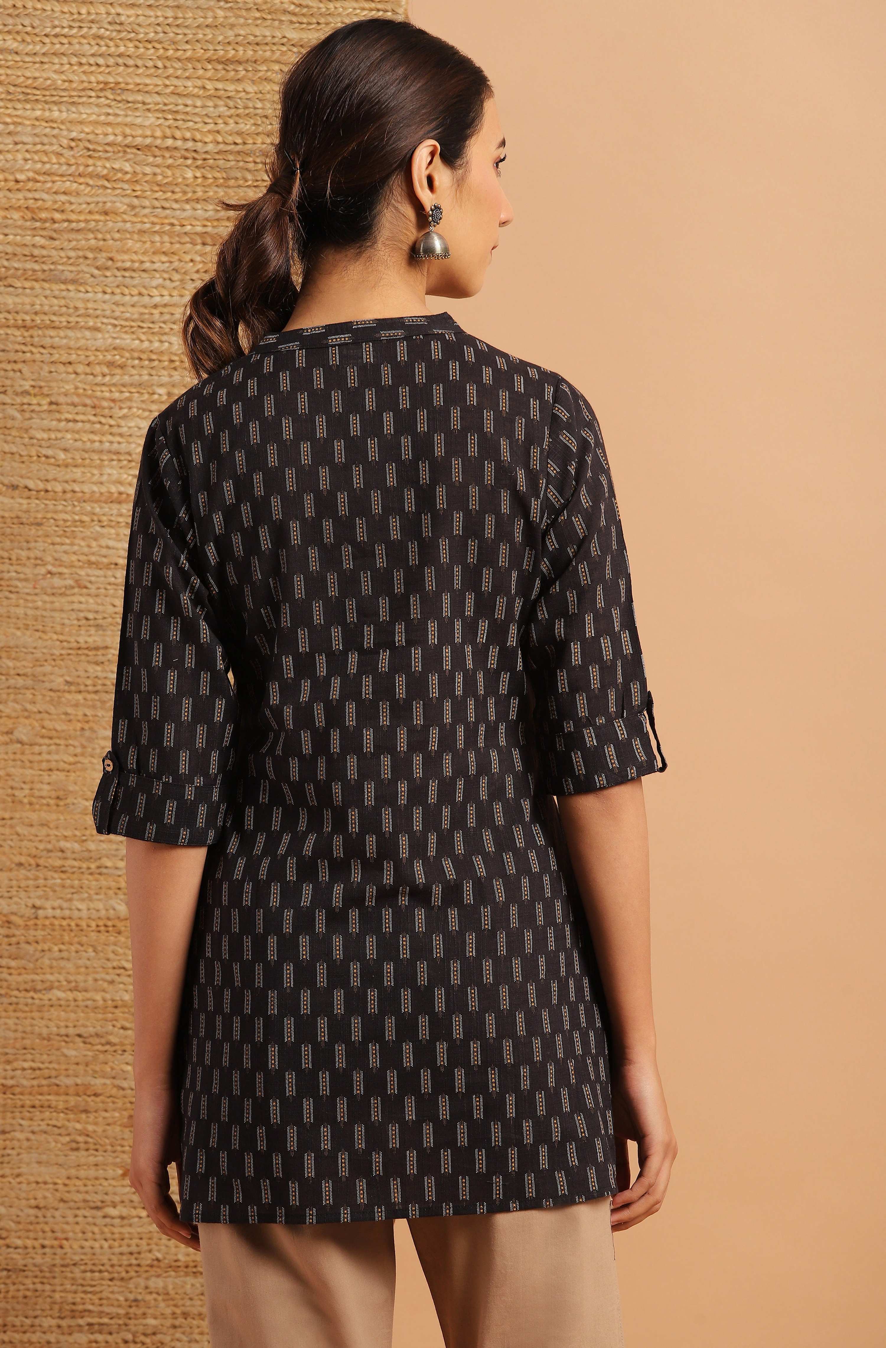 Janasya Women's Black Cotton Slub Geometric Print Straight Tunic - Distacart