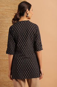 Thumbnail for Janasya Women's Black Cotton Slub Geometric Print Straight Tunic - Distacart