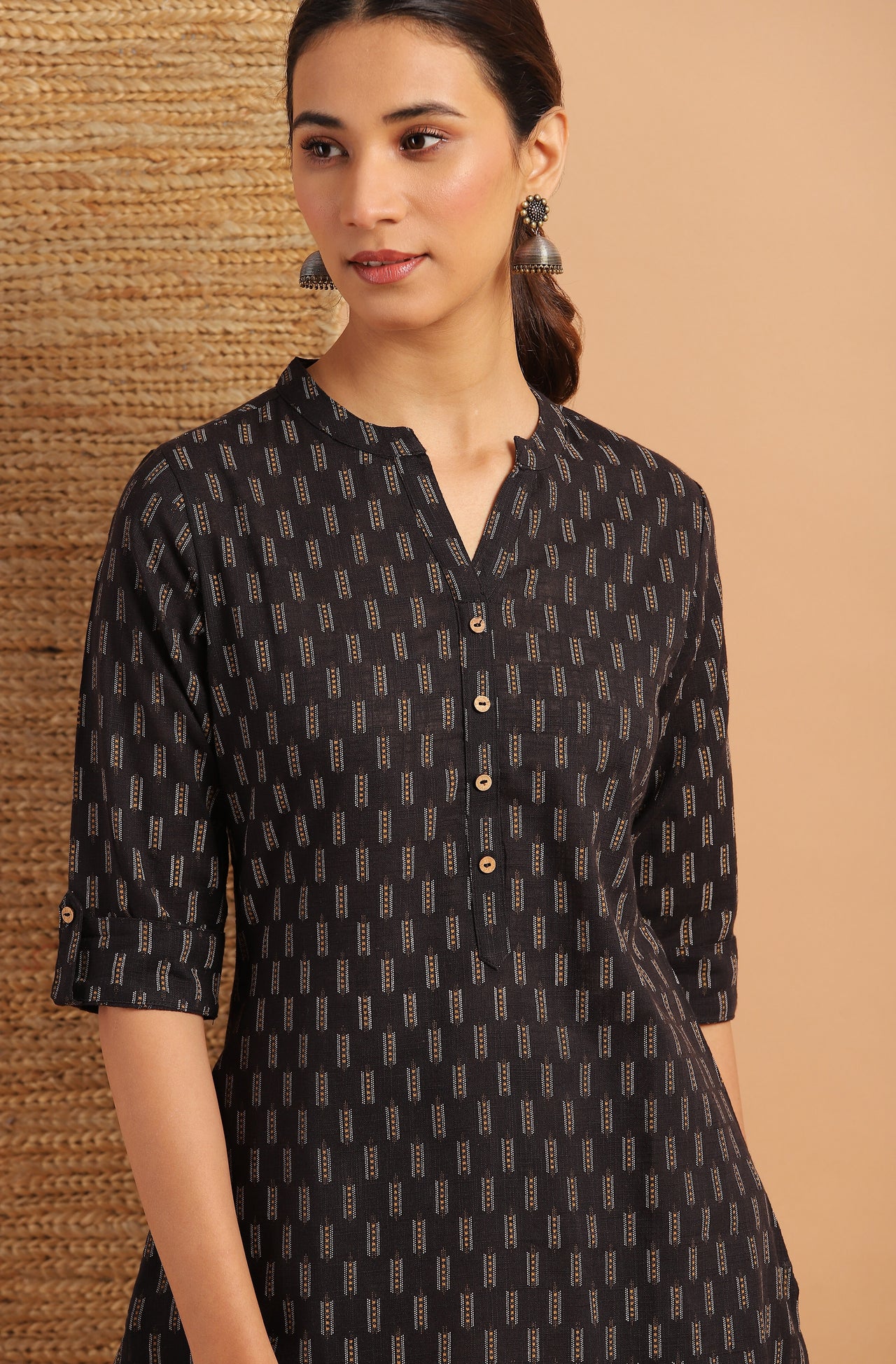 Janasya Women's Black Cotton Slub Geometric Print Straight Tunic - Distacart