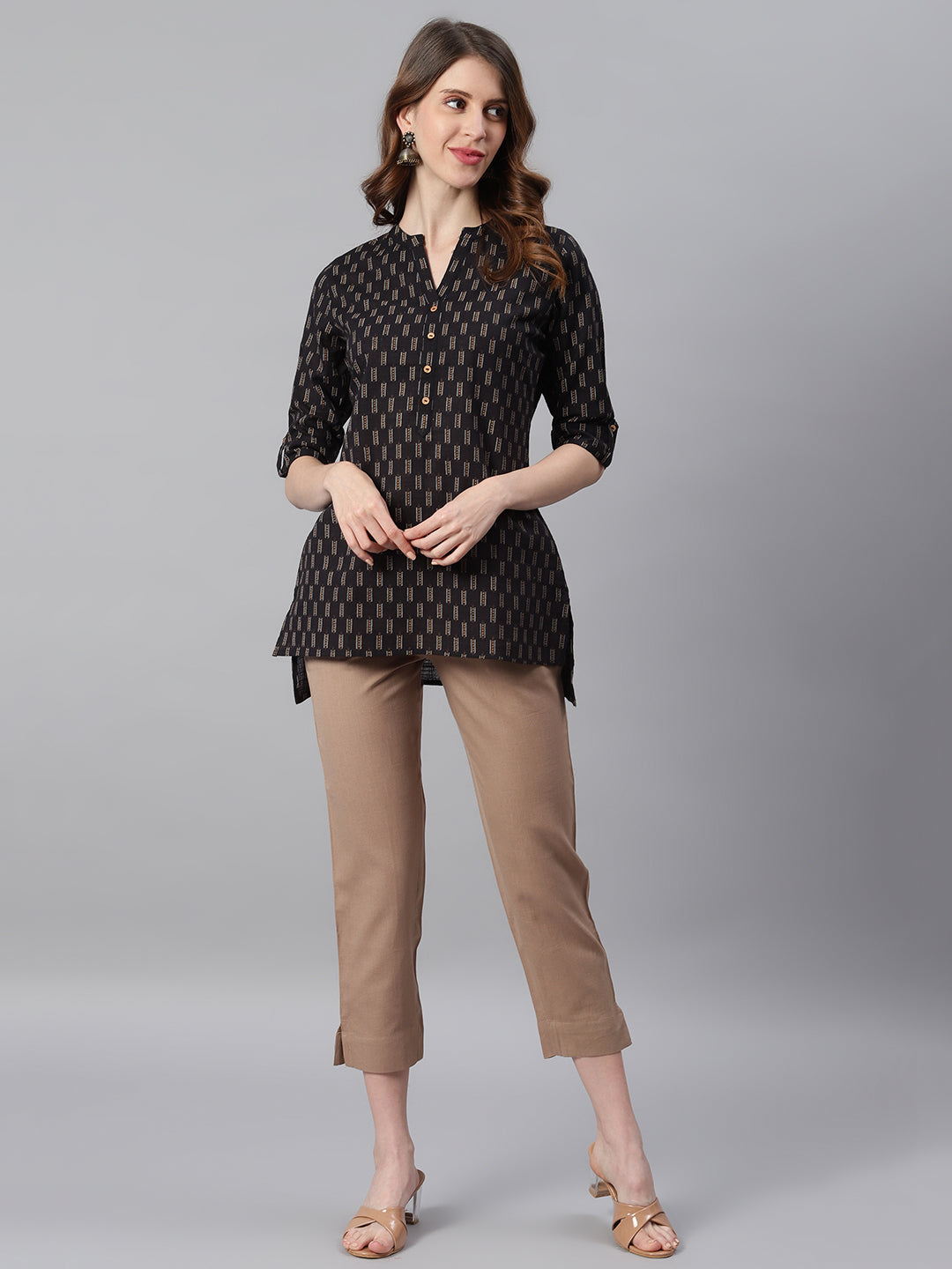 Janasya Women's Black Cotton Slub Geometric Print Straight Tunic - Distacart