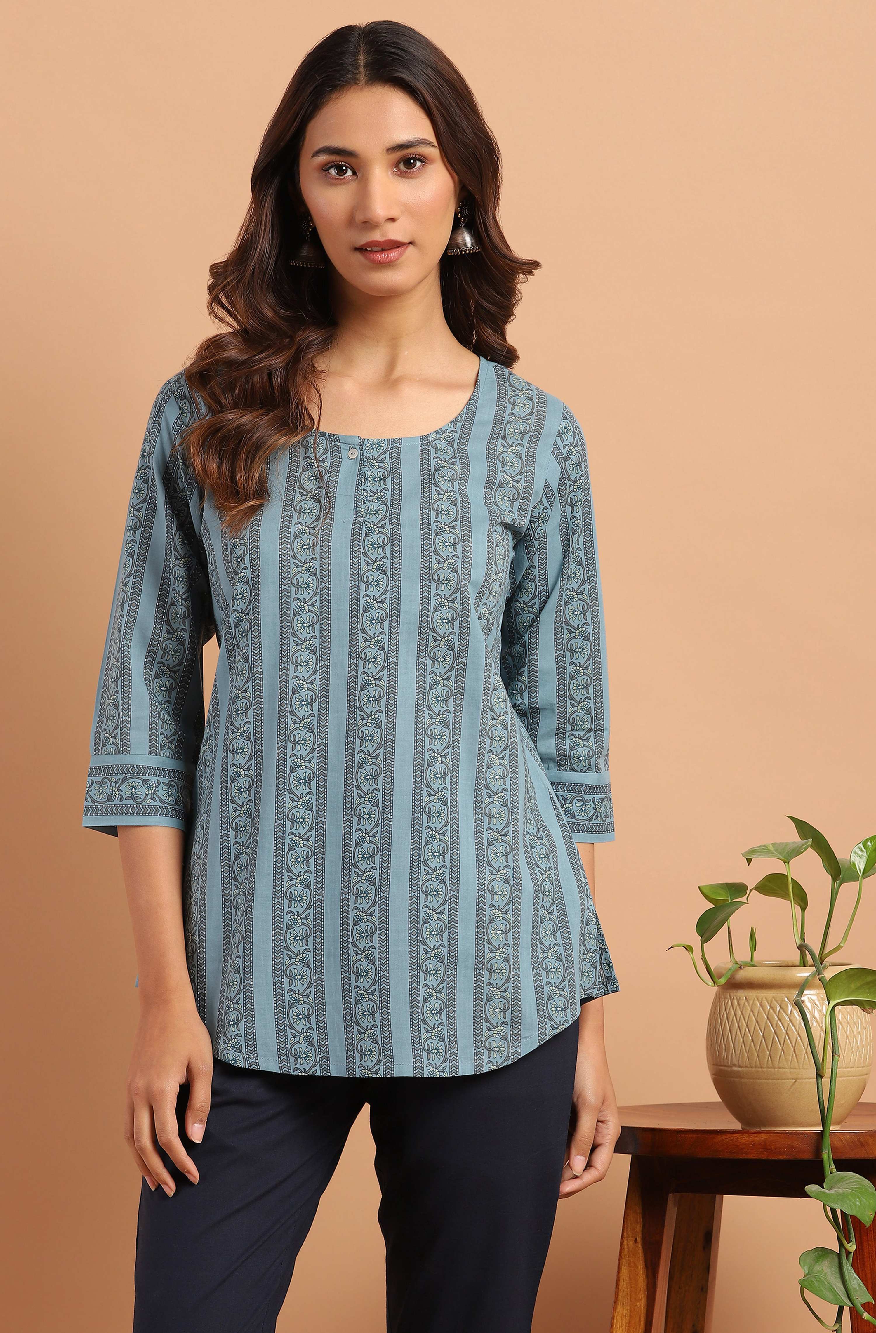 Janasya Women's Blue Cotton Floral Print Straight Tunic - Distacart