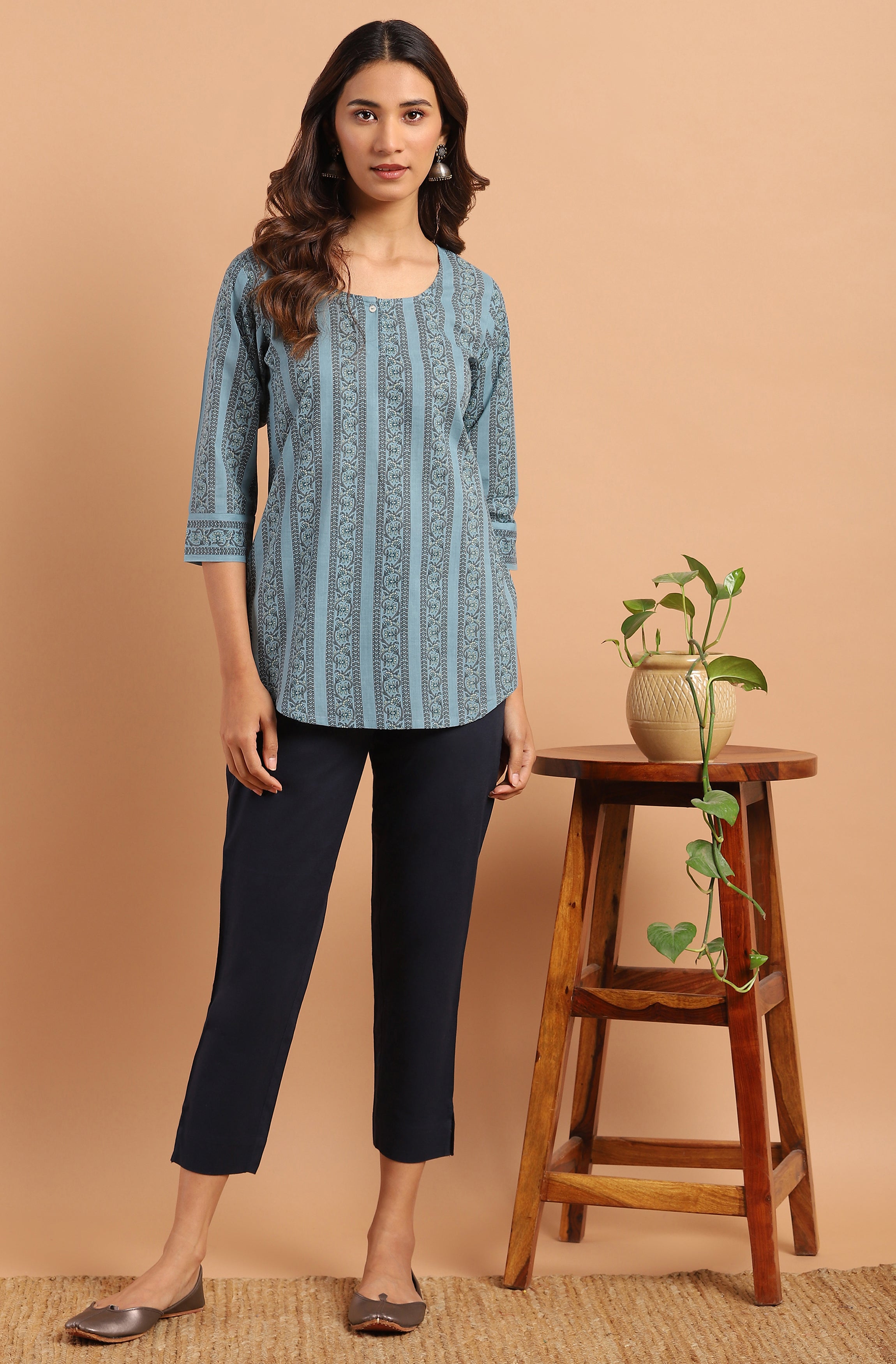 Janasya Women's Blue Cotton Floral Print Straight Tunic - Distacart