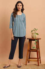 Thumbnail for Janasya Women's Blue Cotton Floral Print Straight Tunic - Distacart