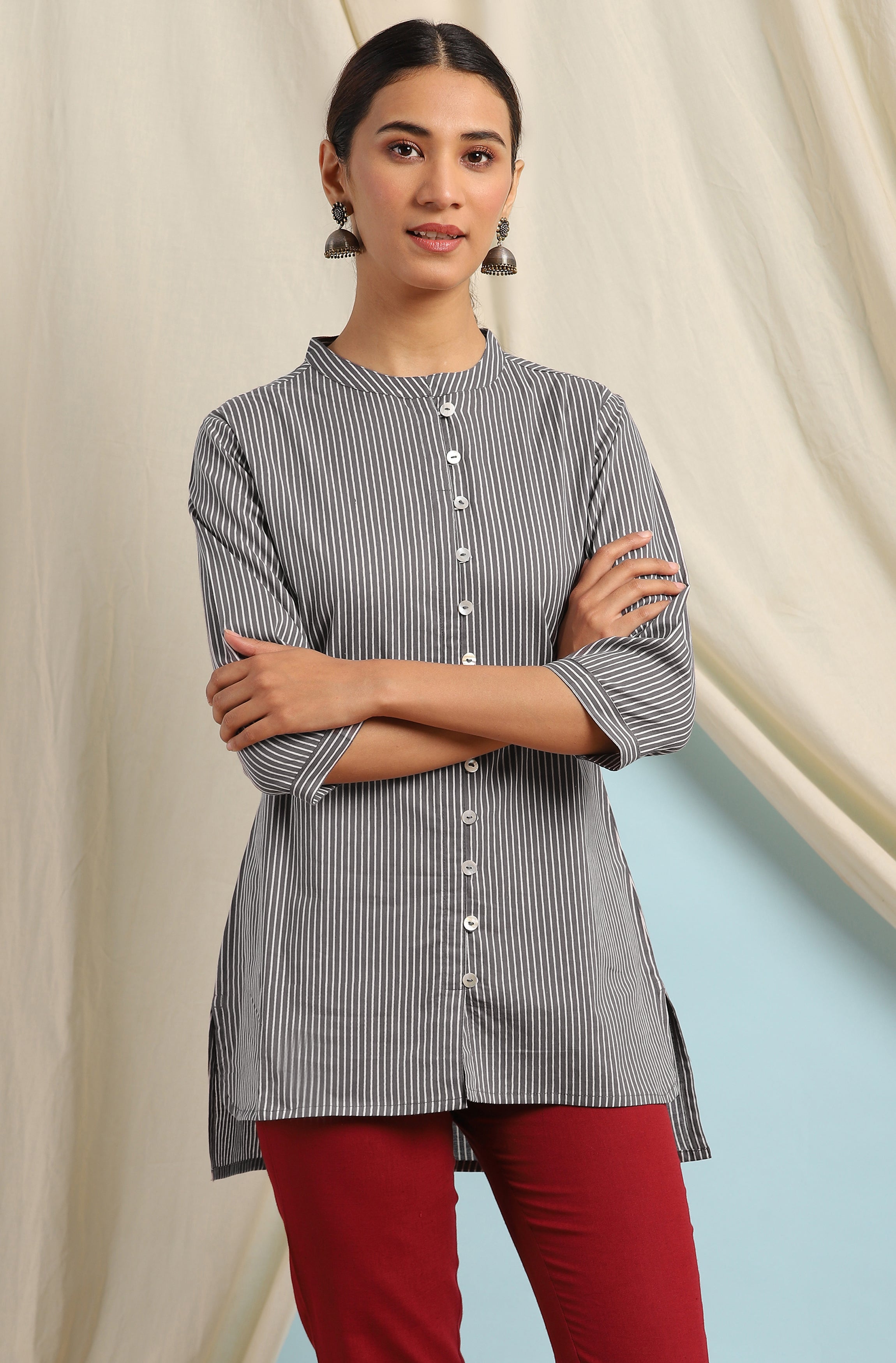 Janasya Women's Grey Cotton Striped High Low Tunic - Distacart