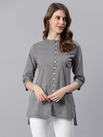 Thumbnail for Janasya Women's Grey Cotton Striped High Low Tunic - Distacart