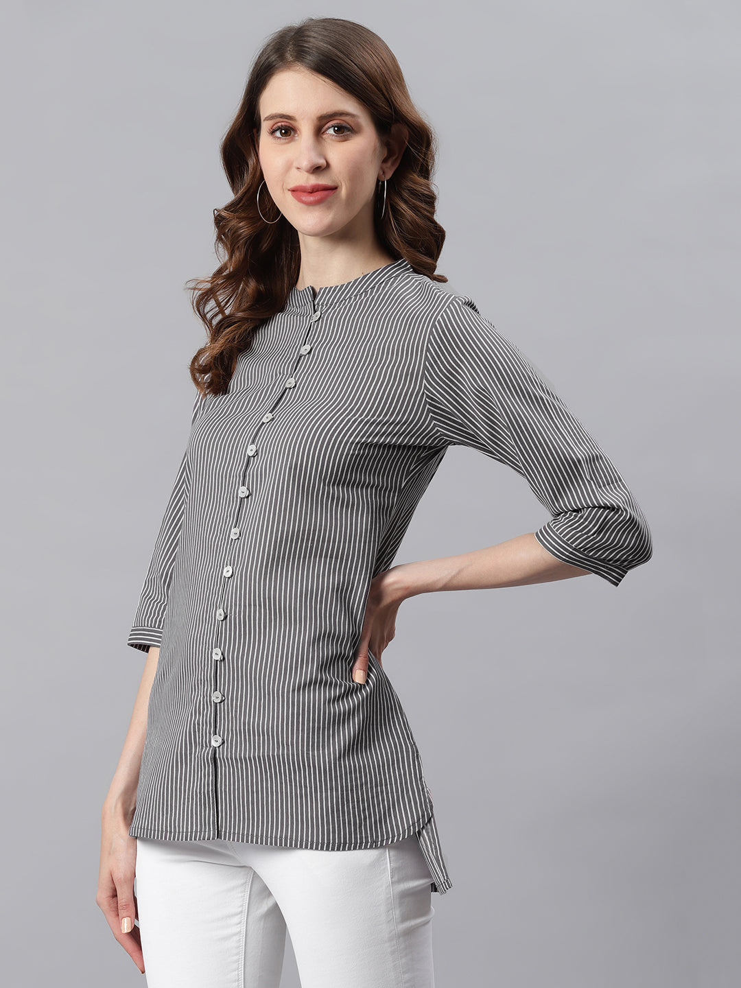Janasya Women's Grey Cotton Striped High Low Tunic - Distacart