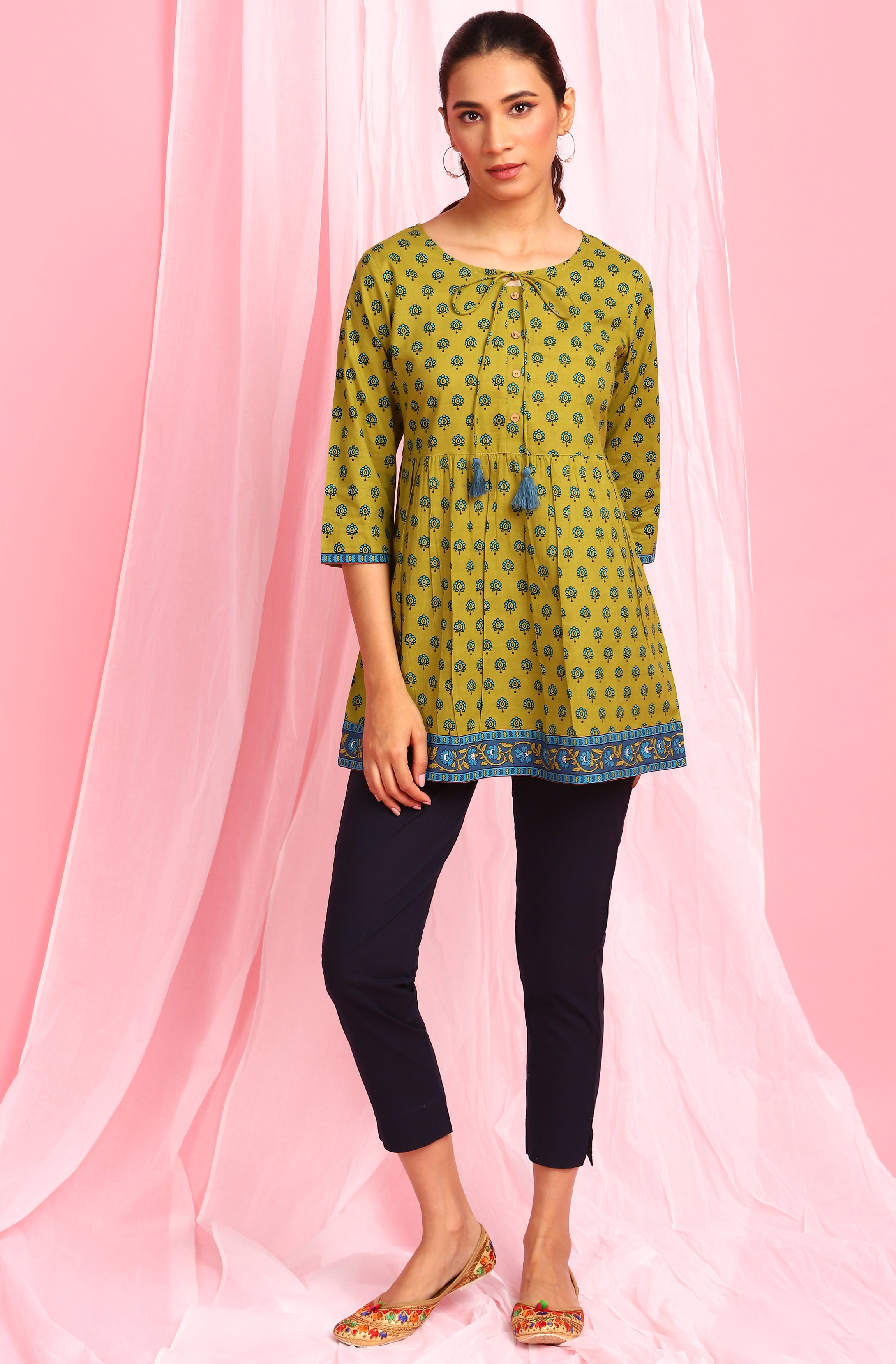 Janasya Women's Green Cotton Ethnic Motifs Empire Waist Tunic - Distacart