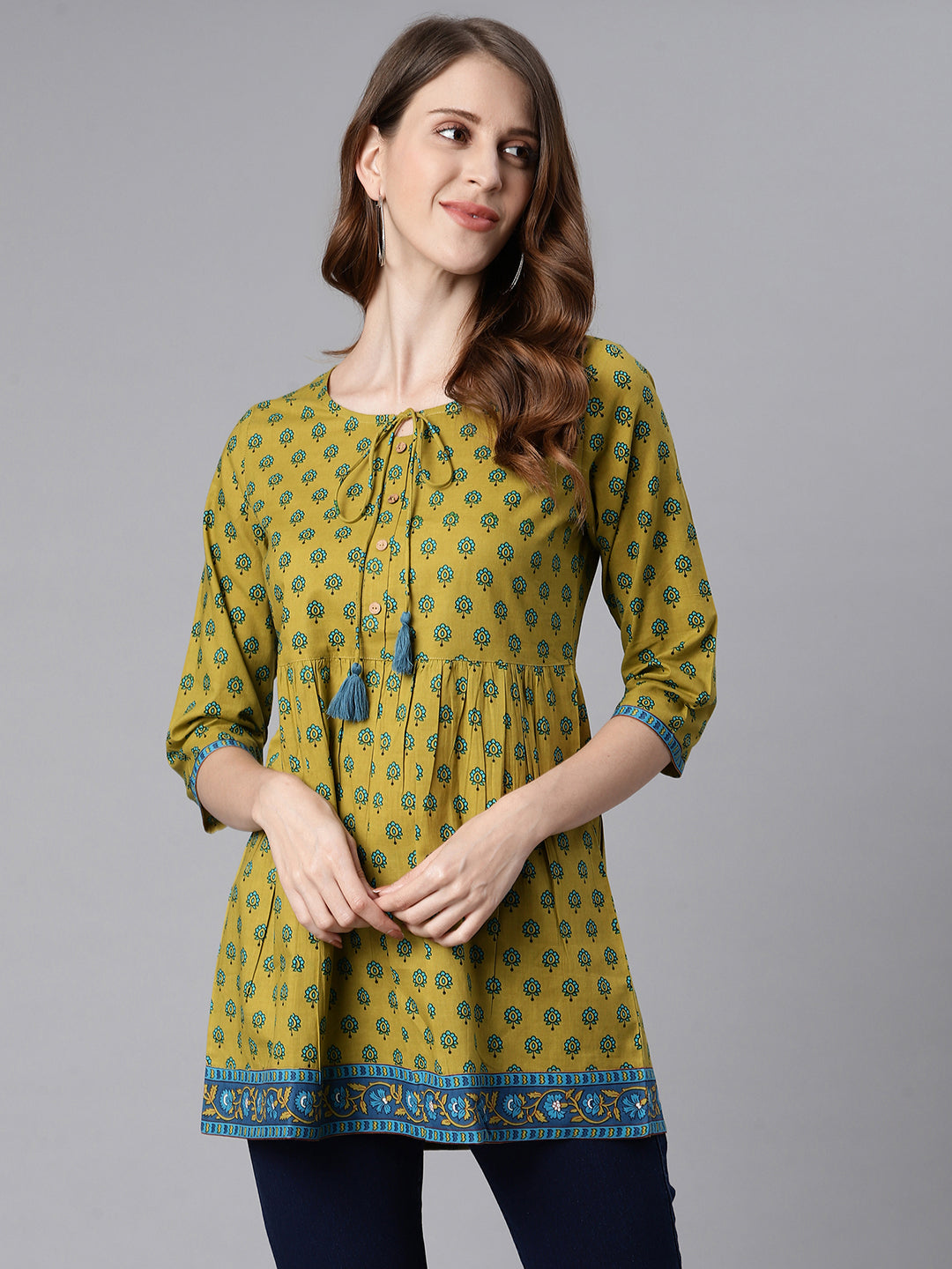 Janasya Women's Green Cotton Ethnic Motifs Empire Waist Tunic - Distacart