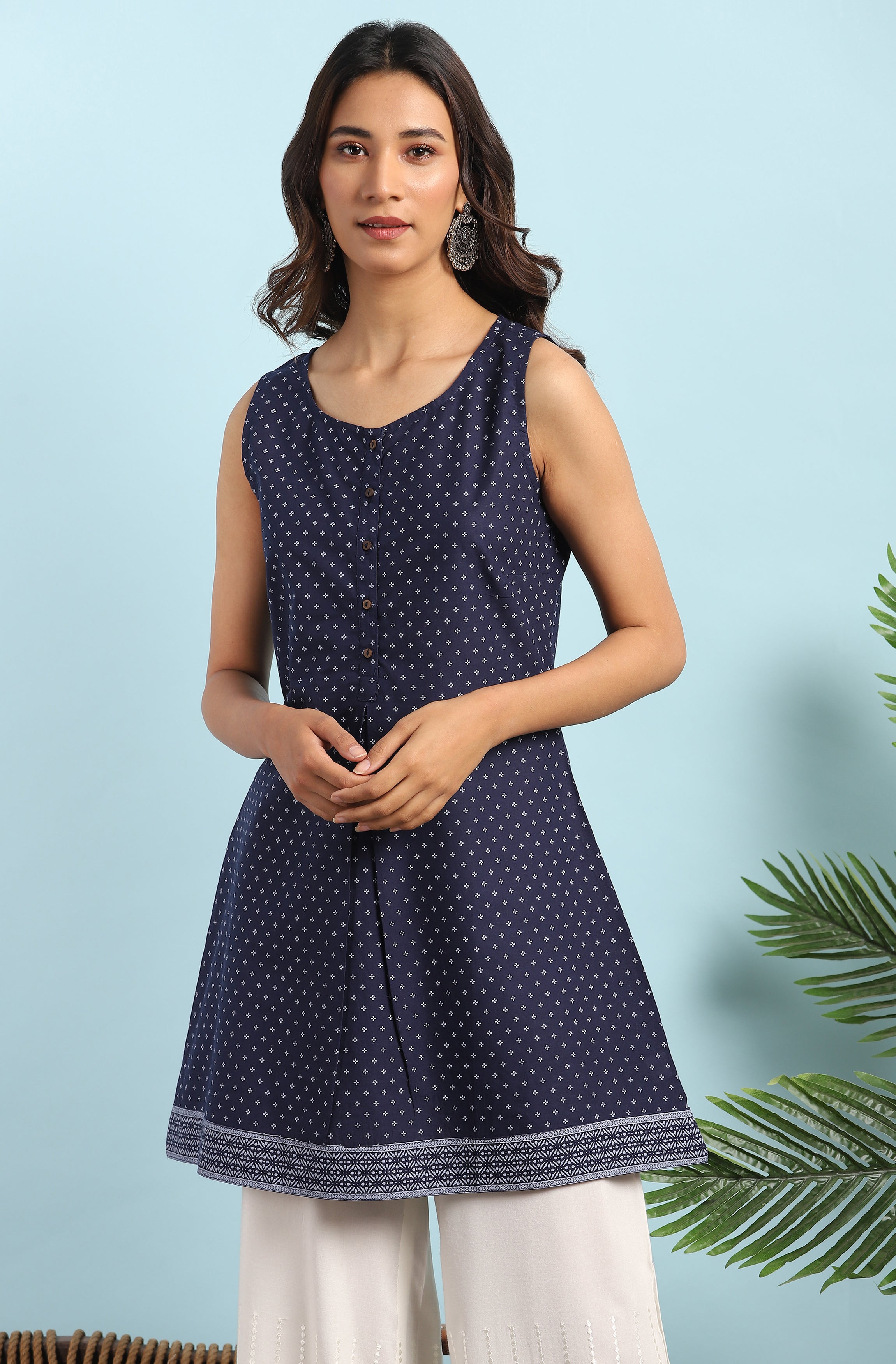 Janasya Women's Navy Blue Cotton Floral Print A-Line Tunic - Distacart