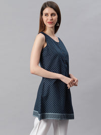 Thumbnail for Janasya Women's Navy Blue Cotton Floral Print A-Line Tunic - Distacart