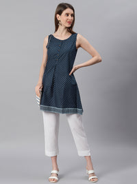 Thumbnail for Janasya Women's Navy Blue Cotton Floral Print A-Line Tunic - Distacart