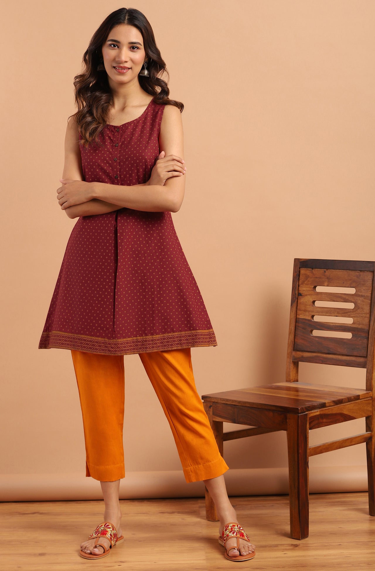 Janasya Women's Maroon Cotton Floral Print A-Line Tunic - Distacart