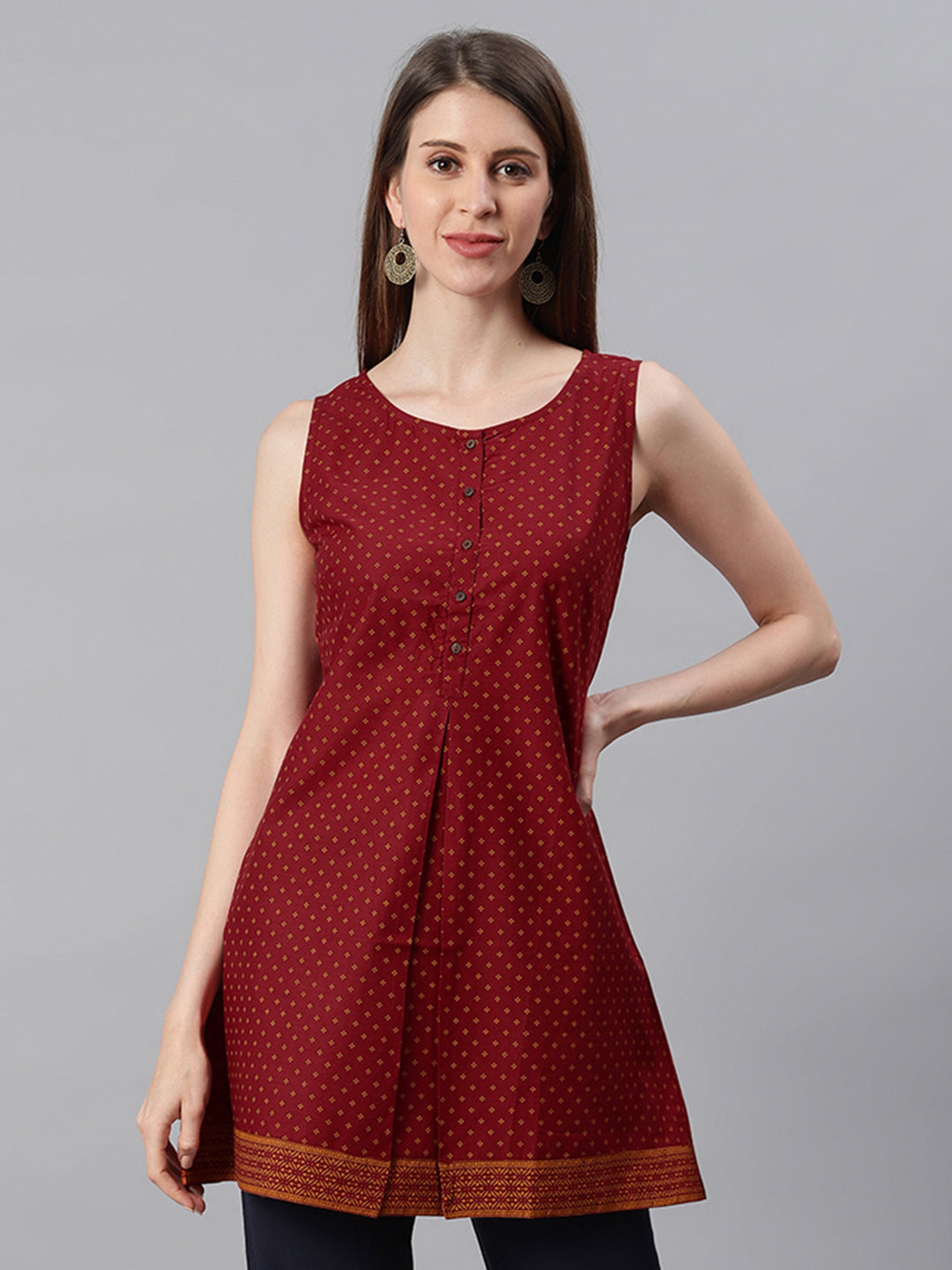 Janasya Women's Maroon Cotton Floral Print A-Line Tunic - Distacart