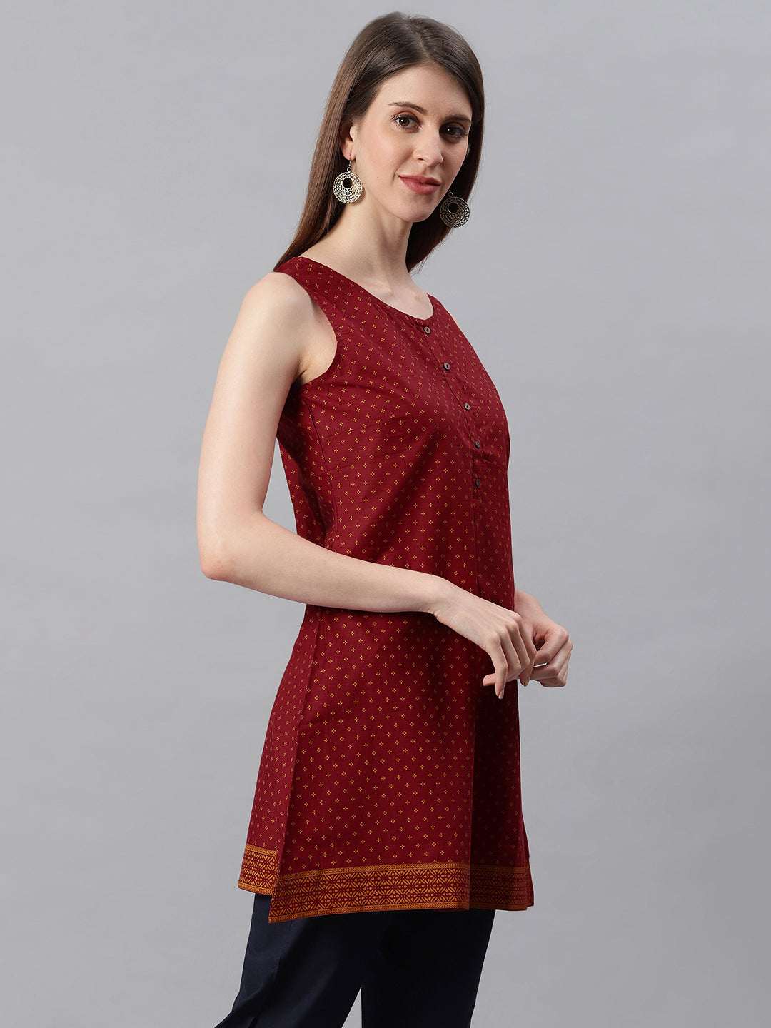 Janasya Women's Maroon Cotton Floral Print A-Line Tunic - Distacart