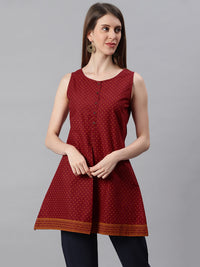 Thumbnail for Janasya Women's Maroon Cotton Floral Print A-Line Tunic - Distacart