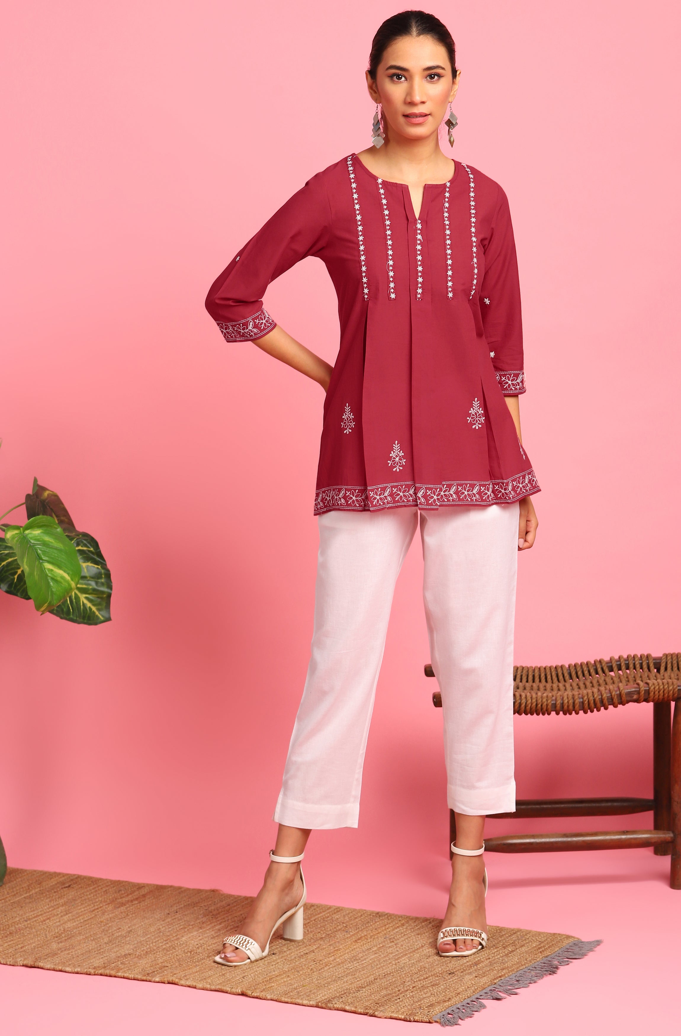 Janasya Women's Maroon Cotton Embroidered Trapeze Tunic - Distacart