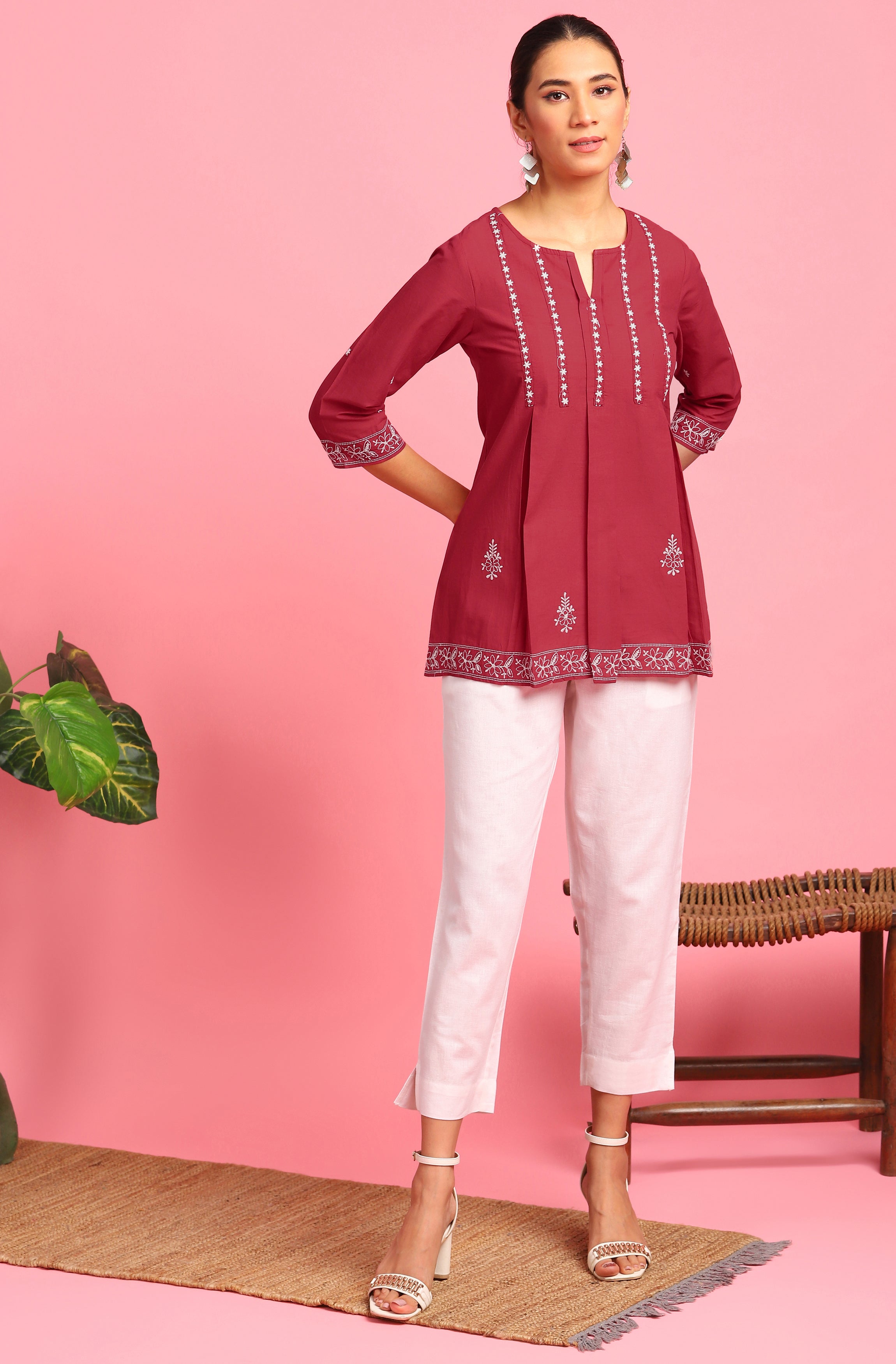 Janasya Women's Maroon Cotton Embroidered Trapeze Tunic - Distacart