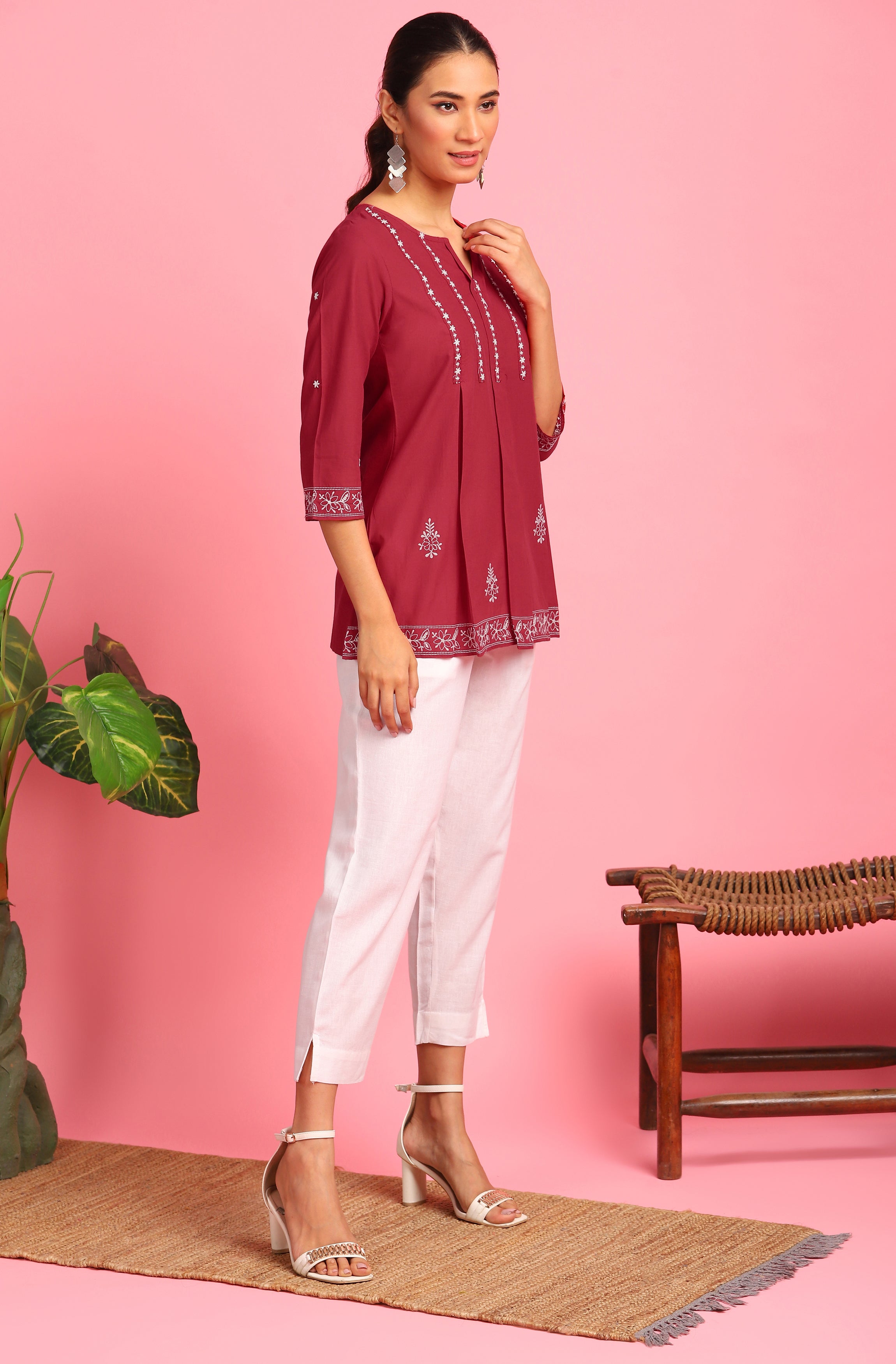 Janasya Women's Maroon Cotton Embroidered Trapeze Tunic - Distacart