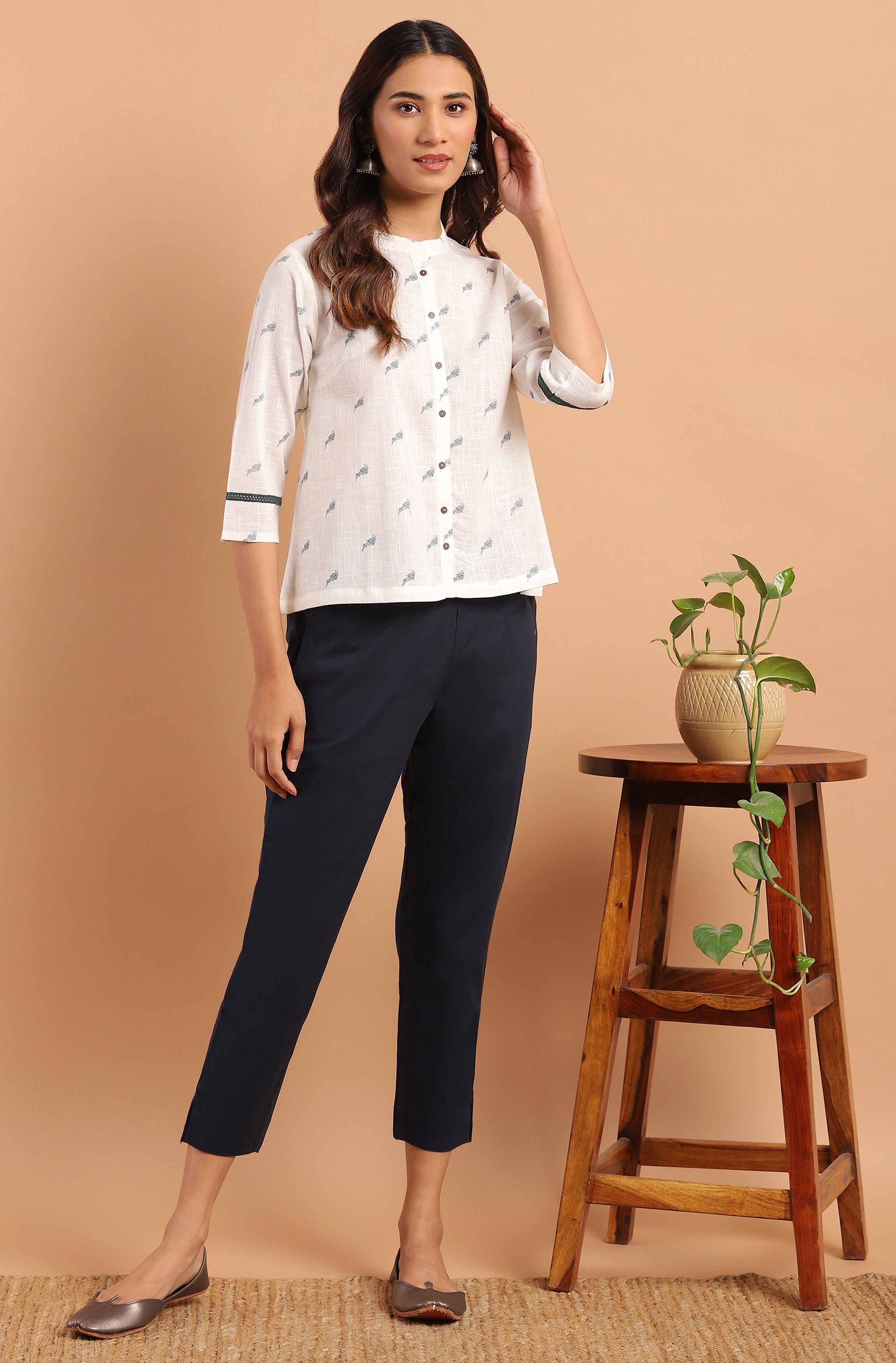 Janasya Women's Off White Cotton Slub Animal Print Shirt Style Top - Distacart