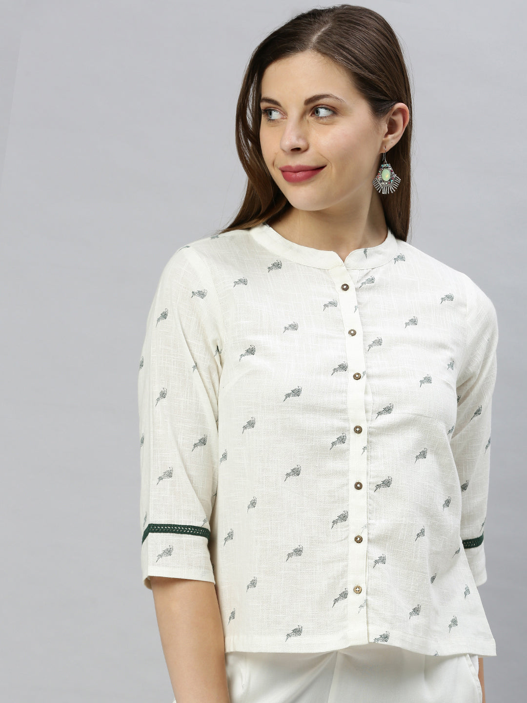 Janasya Women's Off White Cotton Slub Animal Print Shirt Style Top - Distacart