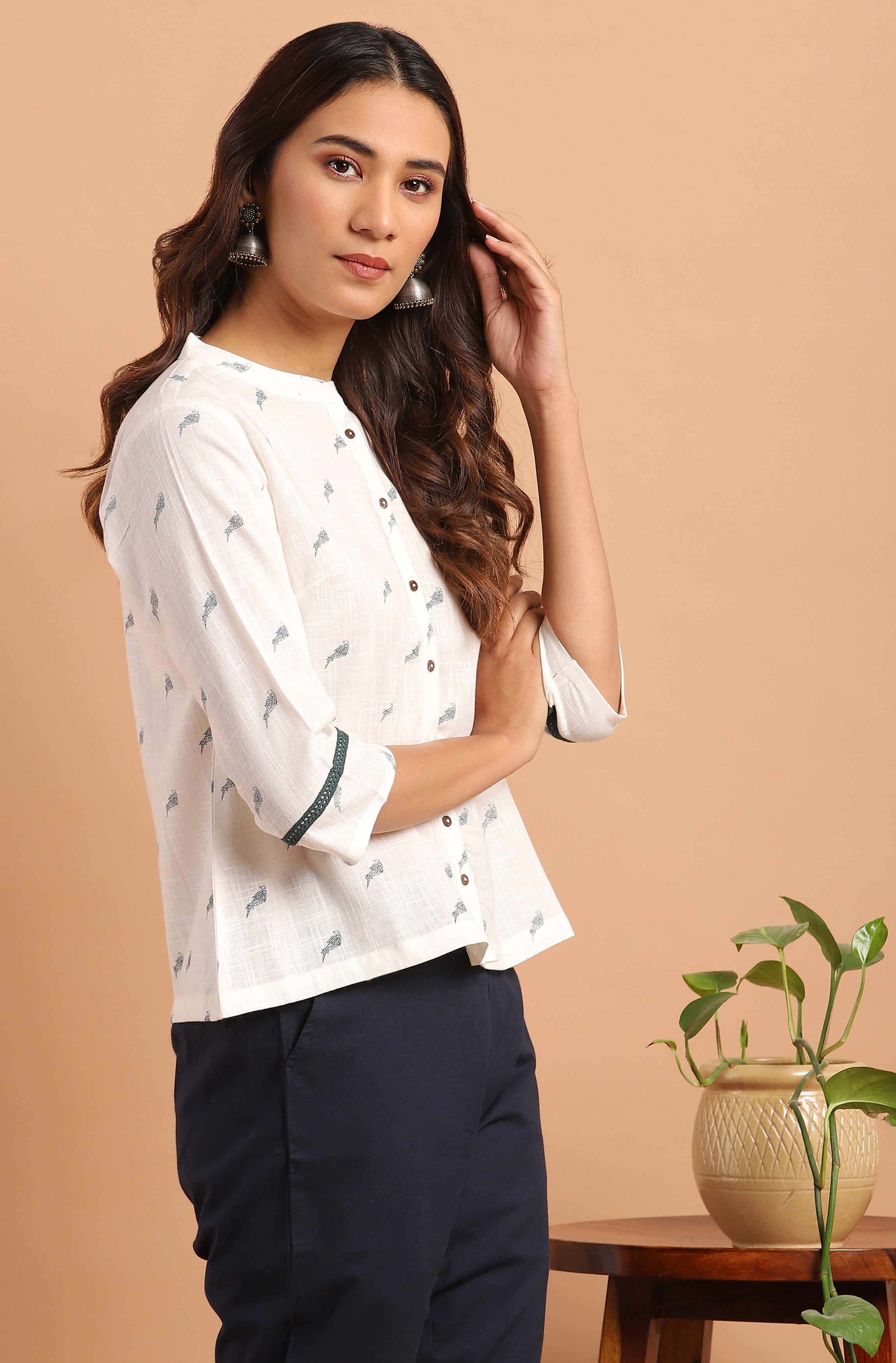 Janasya Women's Off White Cotton Slub Animal Print Shirt Style Top - Distacart