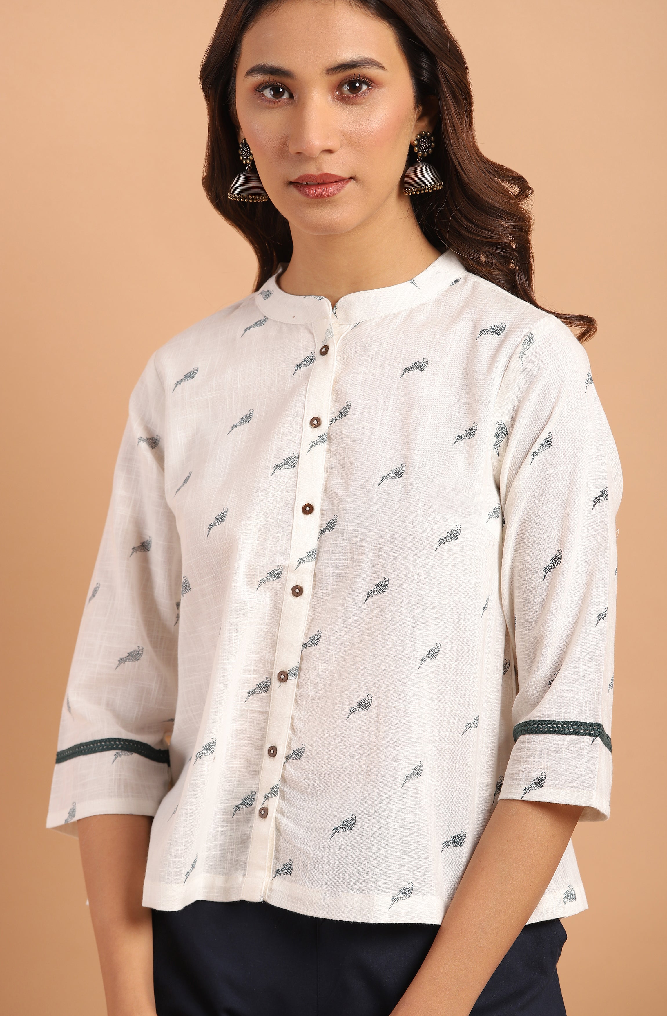 Janasya Women's Off White Cotton Slub Animal Print Shirt Style Top - Distacart