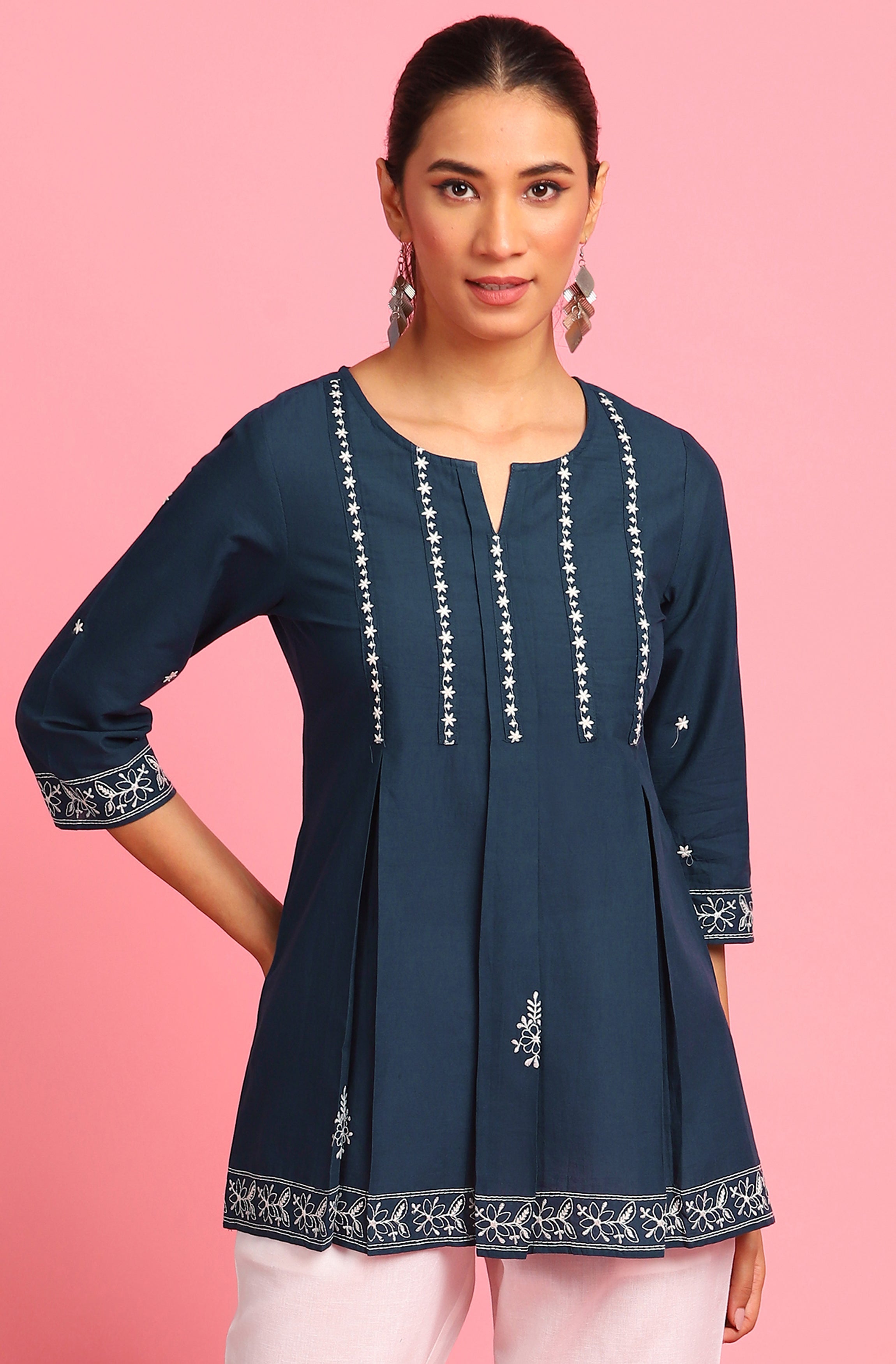 Janasya Women's Navy Blue Cotton Embroidered Trapeze Tunic - Distacart