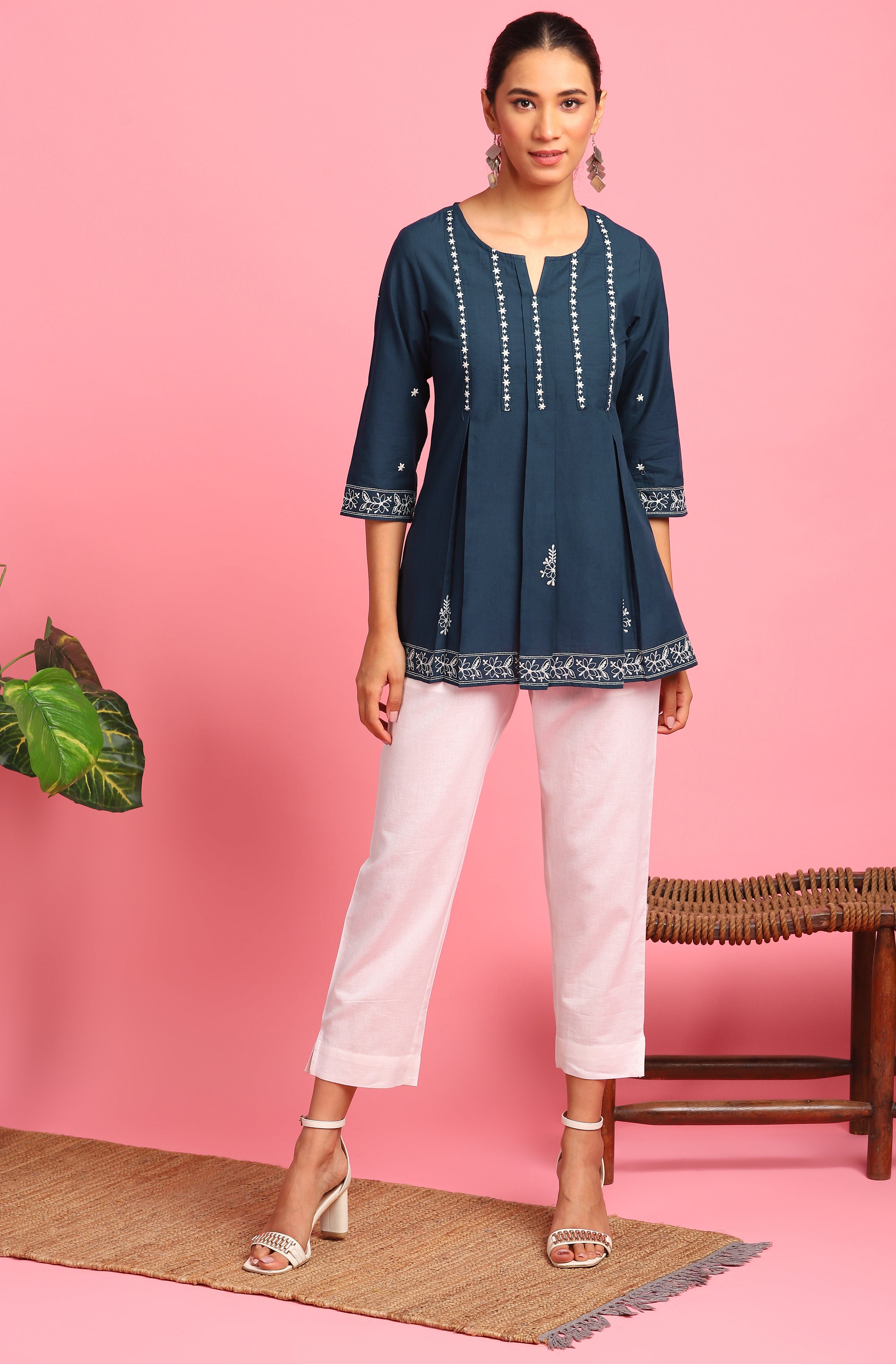 Janasya Women's Navy Blue Cotton Embroidered Trapeze Tunic - Distacart