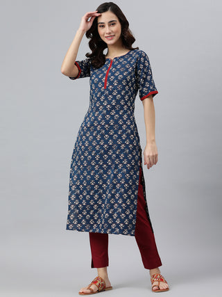 Janasya Women's Blue Rayon Floral Printed Casual Straight kurta - Distacart