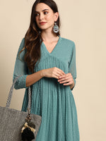 Thumbnail for Janasya Women's Green Poly Chiffon Self Design Flared Western Dress - Distacart