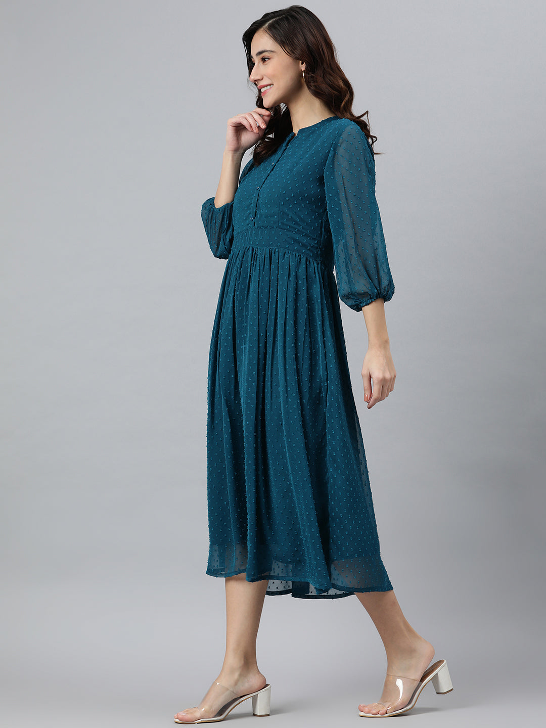 Janasya Women's Teal Poly Chiffon Self Design Flared Western Dress - Distacart