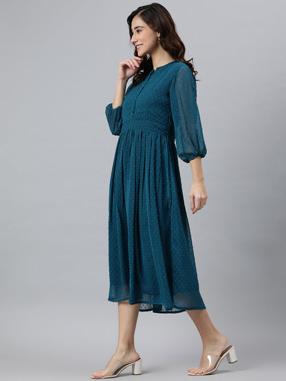 Janasya Women's Teal Poly Chiffon Self Design Flared Western Dress - Distacart