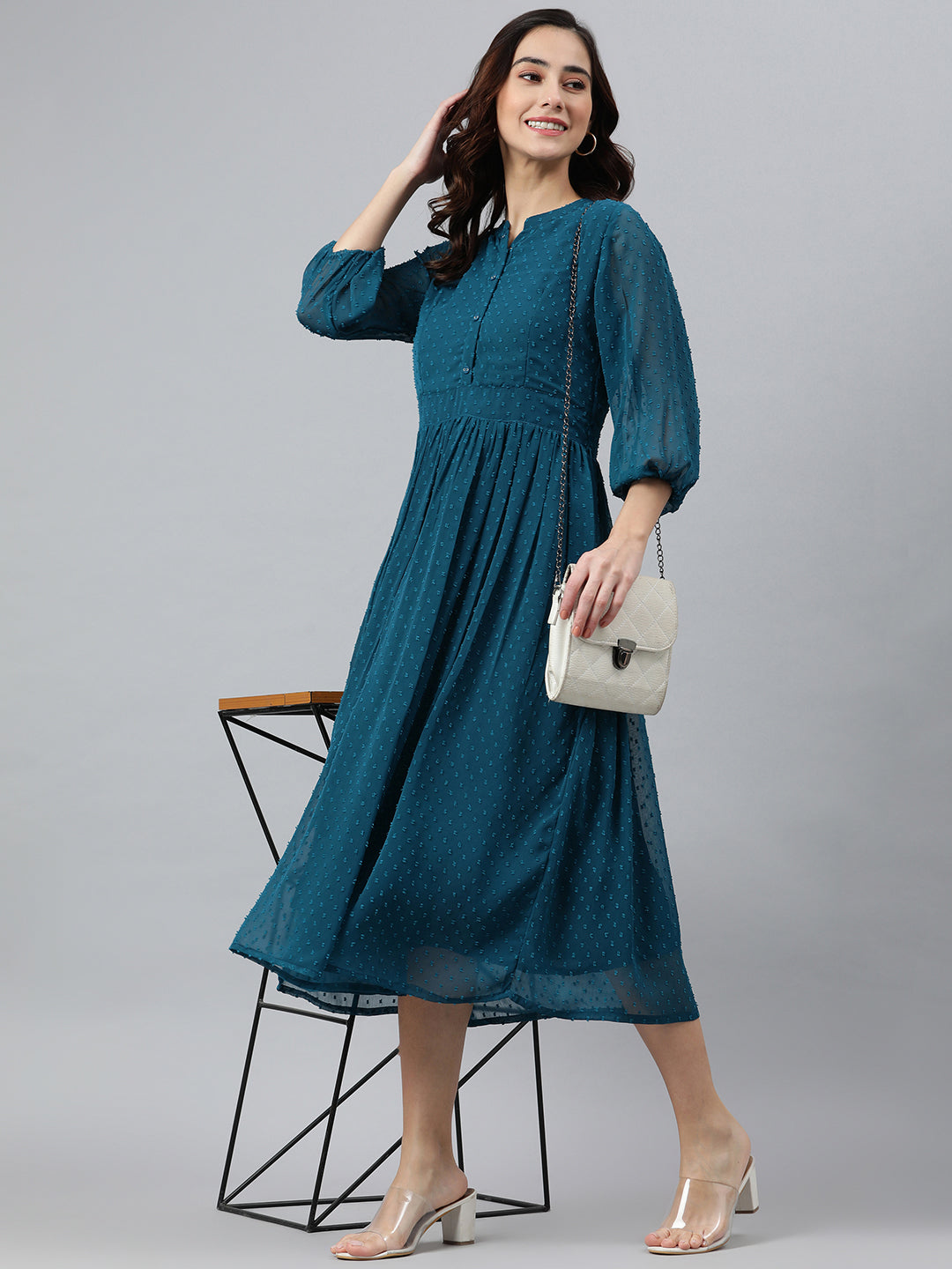 Janasya Women's Teal Poly Chiffon Self Design Casual Flared kurta - Distacart