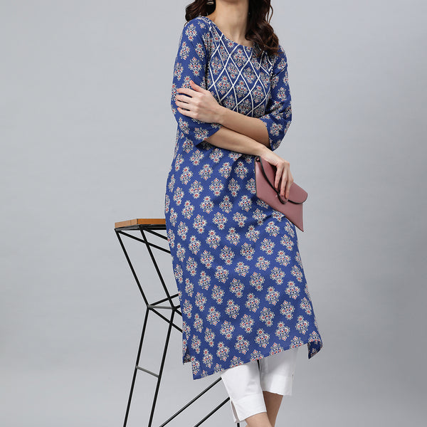 Janasya Women's Blue Cotton Floral Printed Casual Straight kurta - Distacart