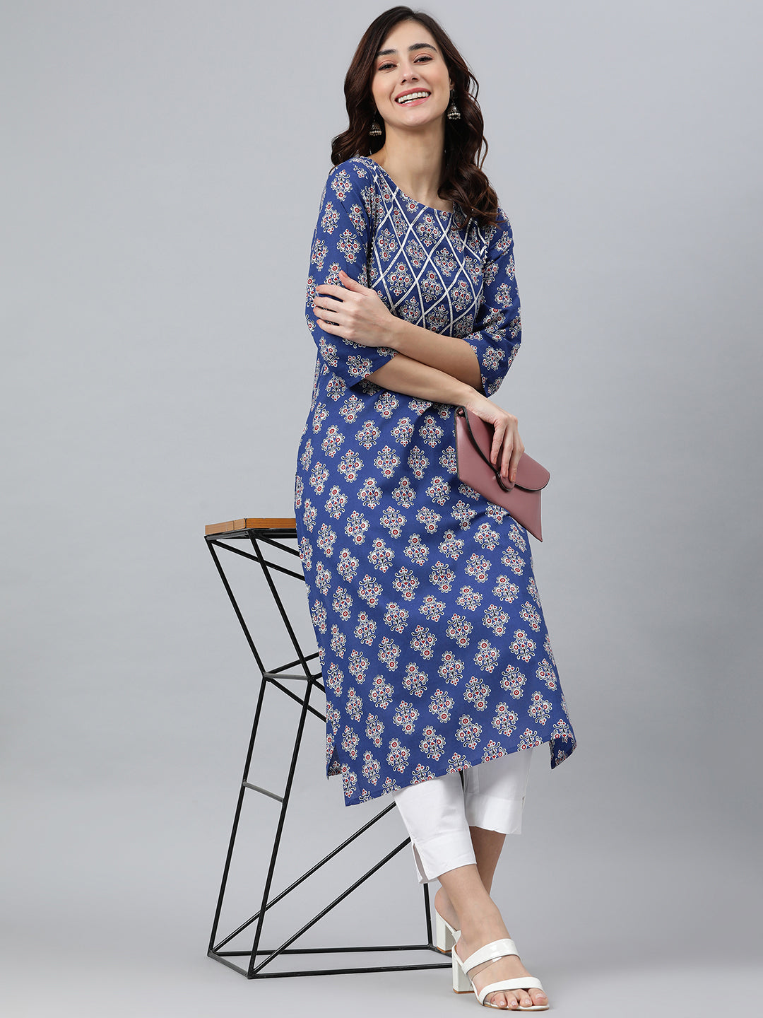 Janasya Women's Blue Cotton Floral Printed Casual Straight kurta - Distacart