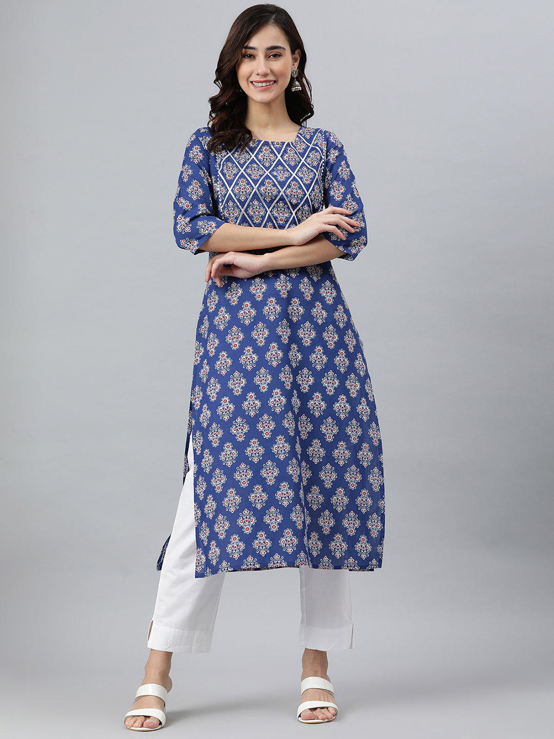 Janasya Women's Blue Cotton Floral Printed Casual Straight kurta - Distacart